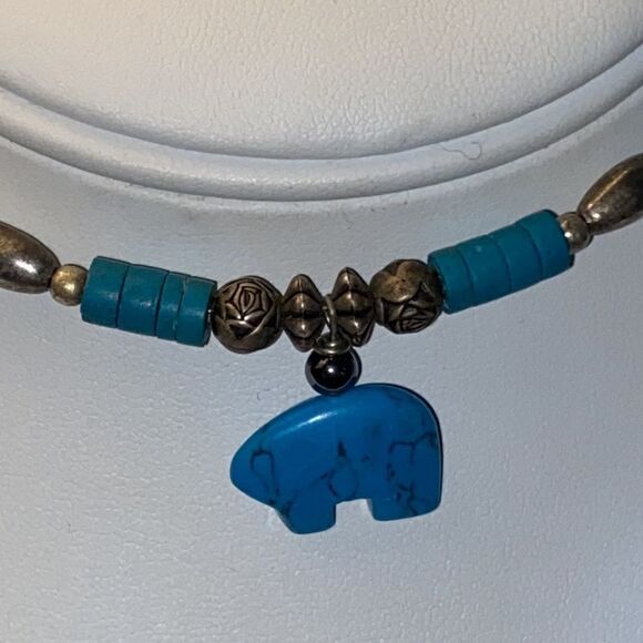 Sterling Silver Turquoise Bear Fetish Choker Necklace - Picture 3 of 8